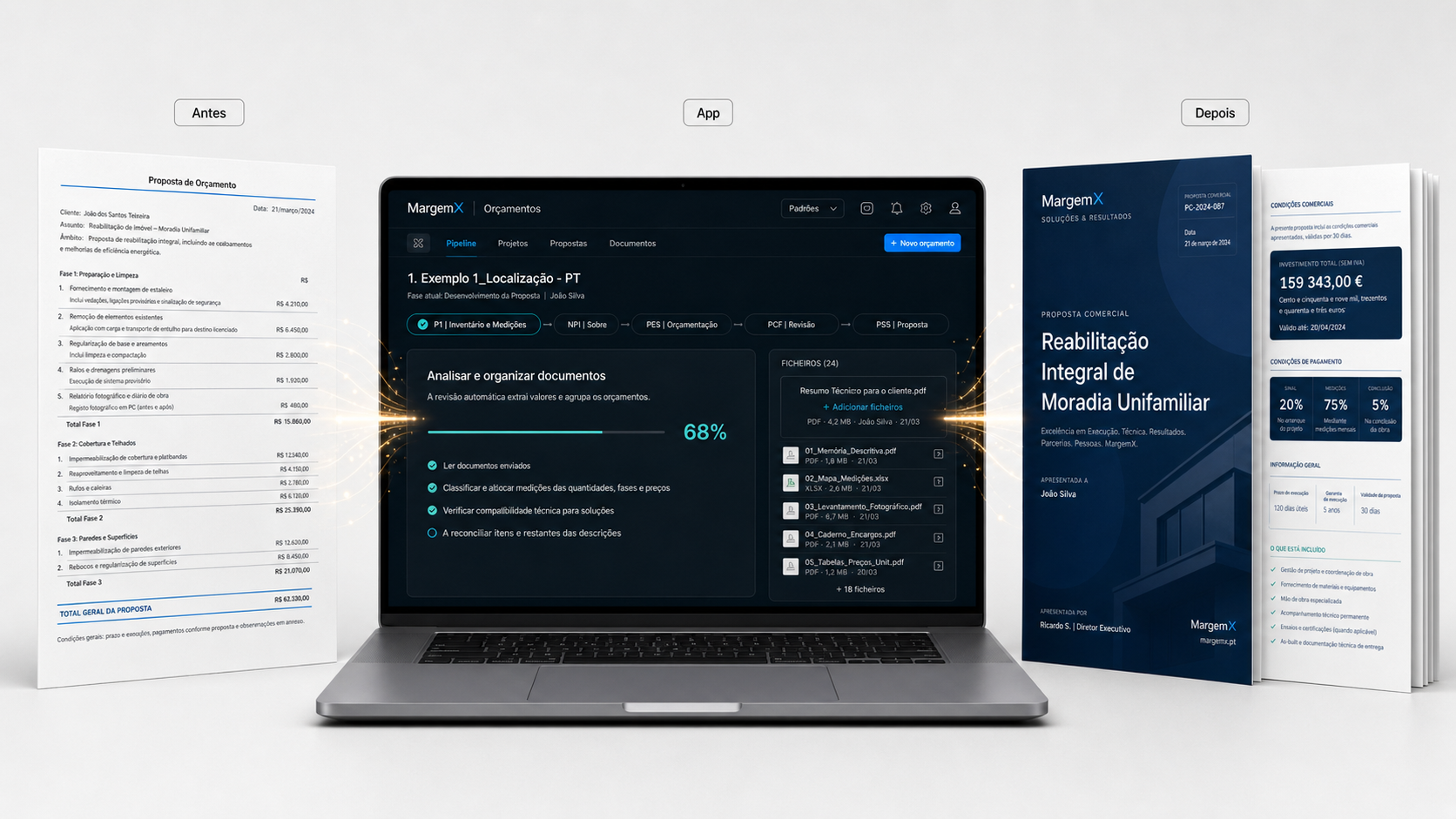 Construção: proposta de orçamento em papel, app MargemX a estruturar e PDF de proposta comercial final
